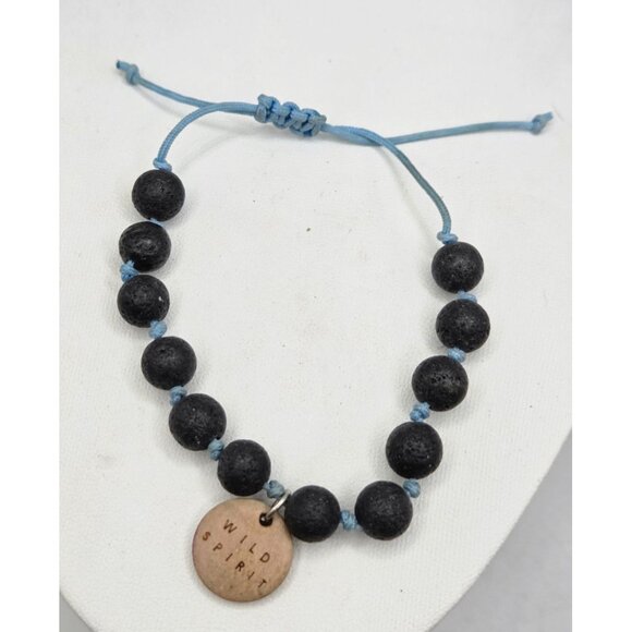 Handmade Adjustable Lava Stone Beaded Bracelet With "Wild Spirit" Pendant On Blu - Picture 2 of 2